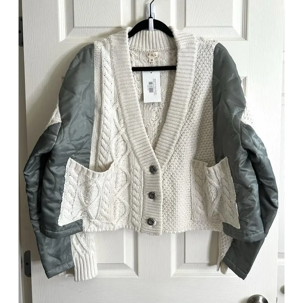 POL Naomi Cable Knit Mixed Media Boxy Grandpa Cardigan Jacket Sz M NWT - Picture 1 of 15